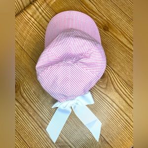Womens Mud Pie Baby Girl Pink White Baseball Hat Seersucker Striped Ribbon EUC